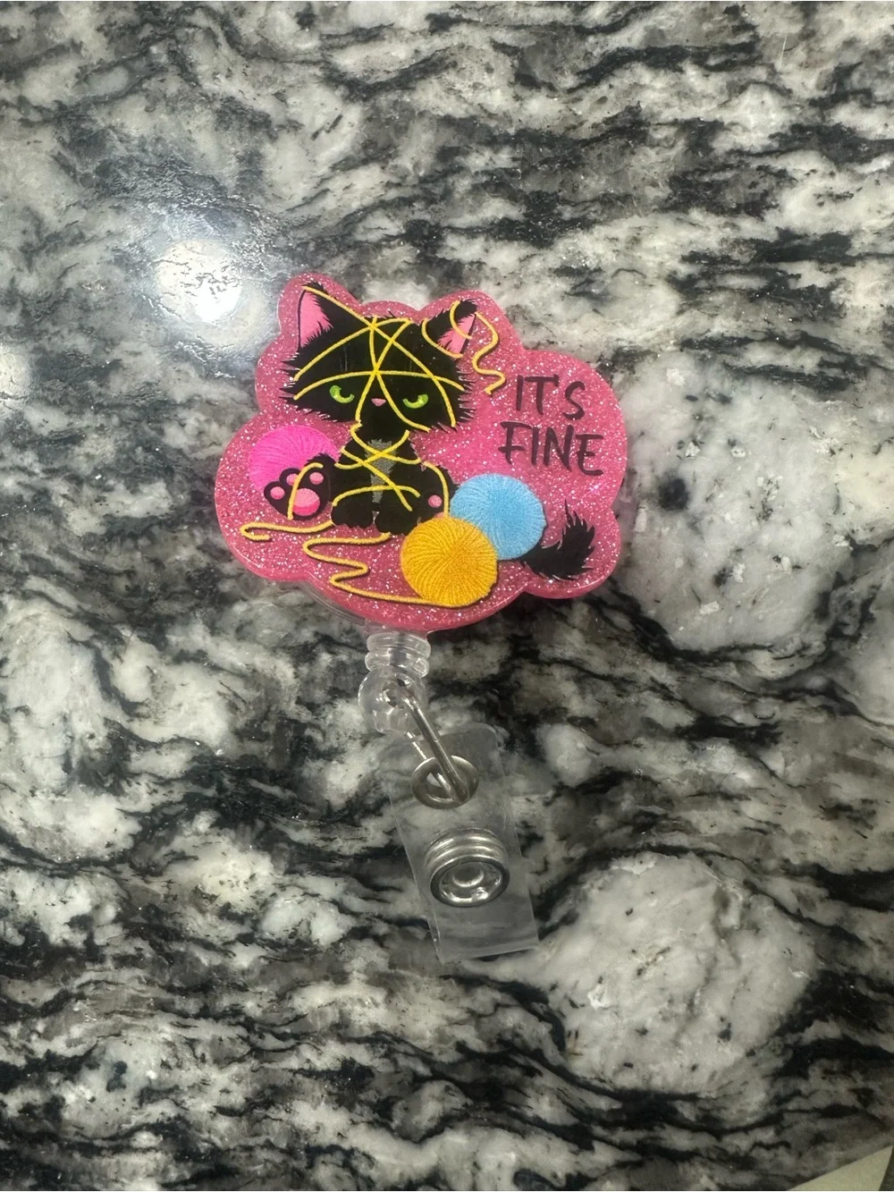 Pink black Cat Yarn “it’s fine” Badge Reel - Cute Cat Design